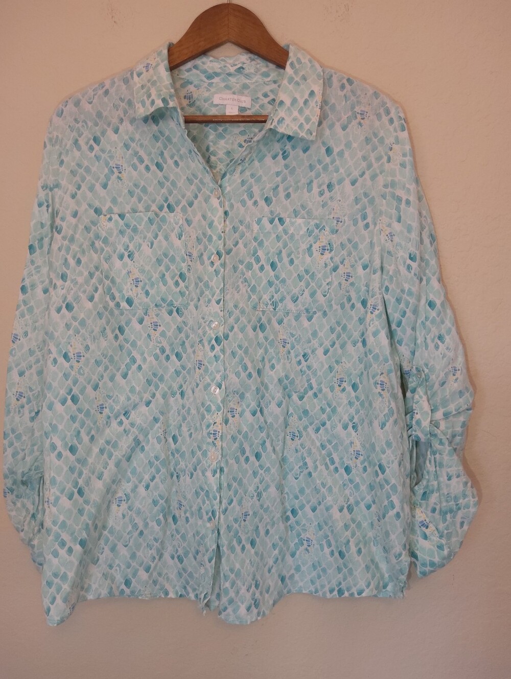 Charter Club Linen Button Down Shirt Womens Large Teal Green Seahorse Print‎